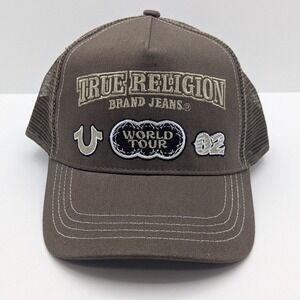 True Religion Multi Patch Trucker Hat Chestnut Brown Mesh Snapback Cap NEW